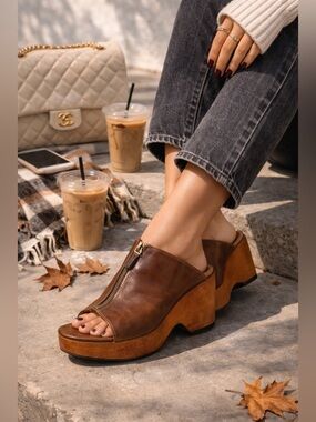 Via Spiga Leather Platform Clogs / Mules Brown Wooden Heel